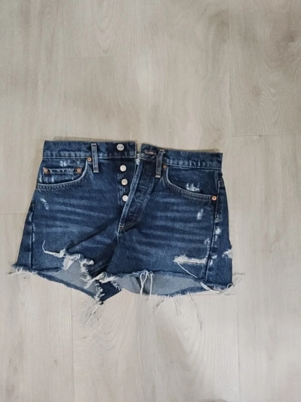 Agolde Dark Blue Distressed Button-Fly Denim Shorts